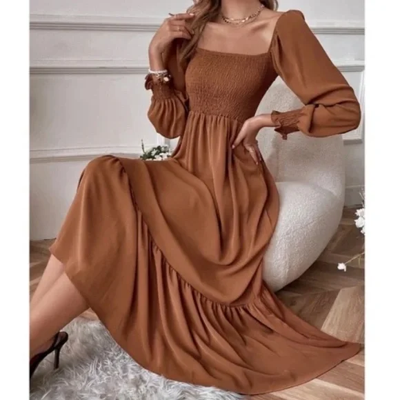 brown satin long sleeve dress Satin Bell Sleeve Evening Dress